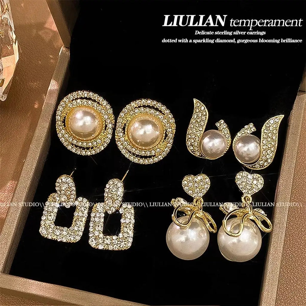 Luxury Pearl & Crystal Earrings Set for Women | 6 Pairs Gold Plated Rhinestone Dangle | Wedding Party Bridal Jewelry Gifts