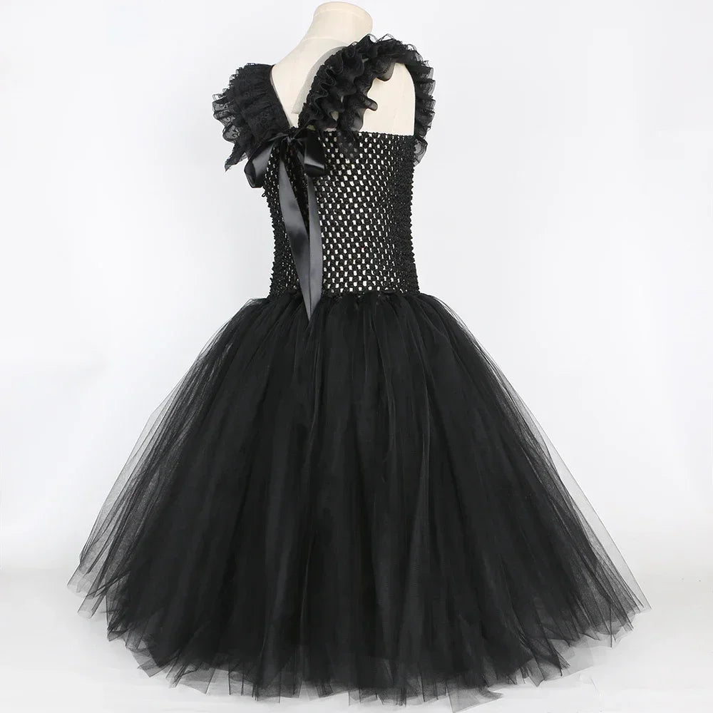 Girls Gothic Halloween Tutu Dress | Wednesday Black Lace Costume