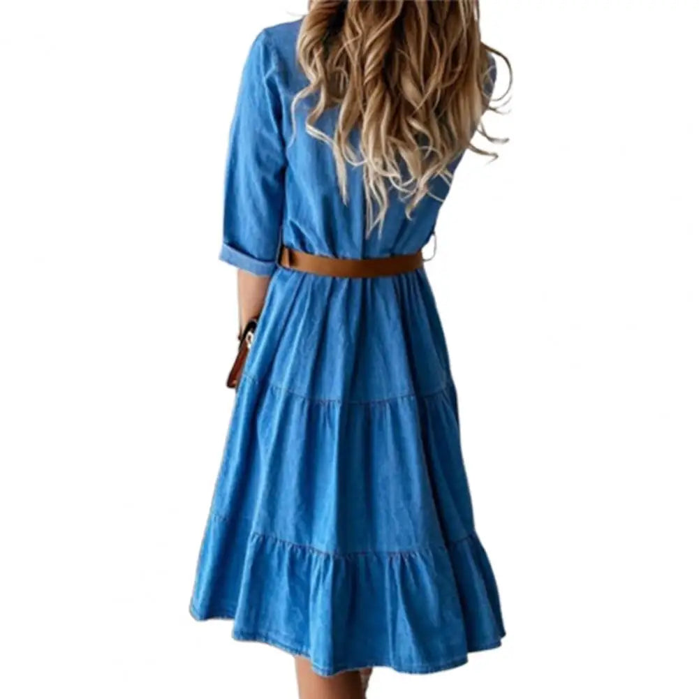 Denim Dress with Belt – 3/4 Sleeve