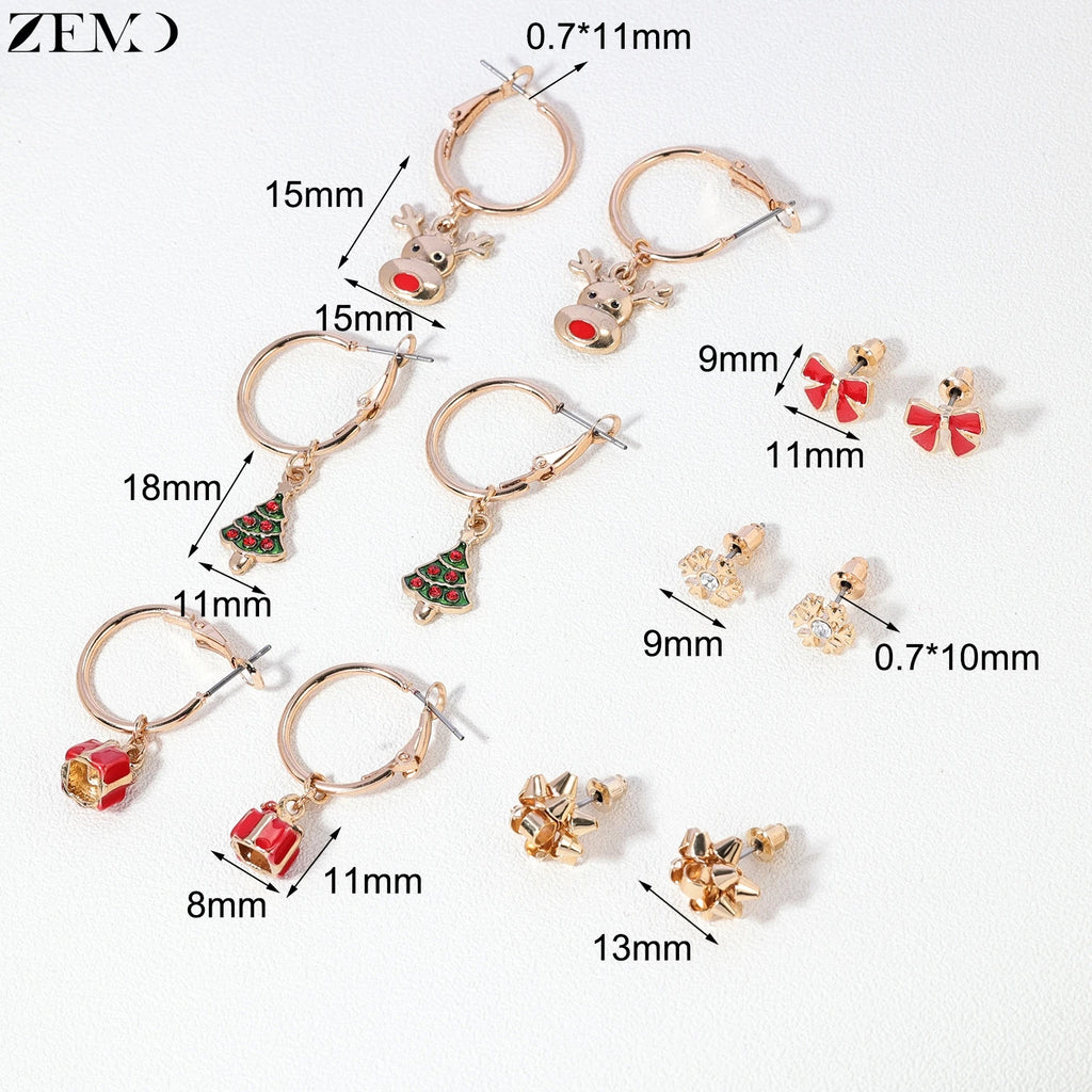 ZEMO 3-6pairs/lot Christmas Series Earring Set Women Men Cute Deer Stud Earrings Candy Cane Snowflake Ear Helix Tragus Piercings