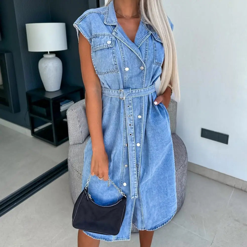 Cotton Blend Dress Denim Shirt Dress for Women A-line Tie Waist Jean Dress with Lapel Button Down Summer Office Party Outfit