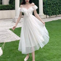 Women's White Dress Set – Slash Neck Gauze Midi Dress