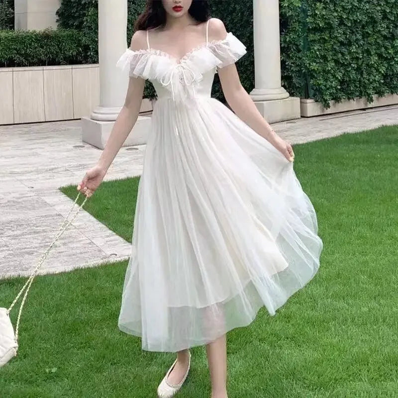 Women's White Dress Set – Slash Neck Gauze Midi Dress
