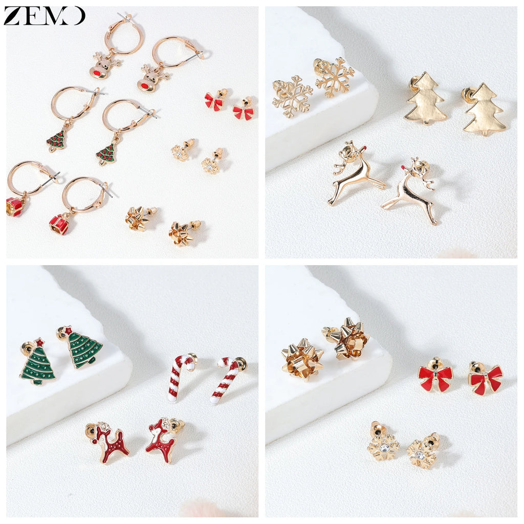 ZEMO 3-6pairs/lot Christmas Series Earring Set Women Men Cute Deer Stud Earrings Candy Cane Snowflake Ear Helix Tragus Piercings