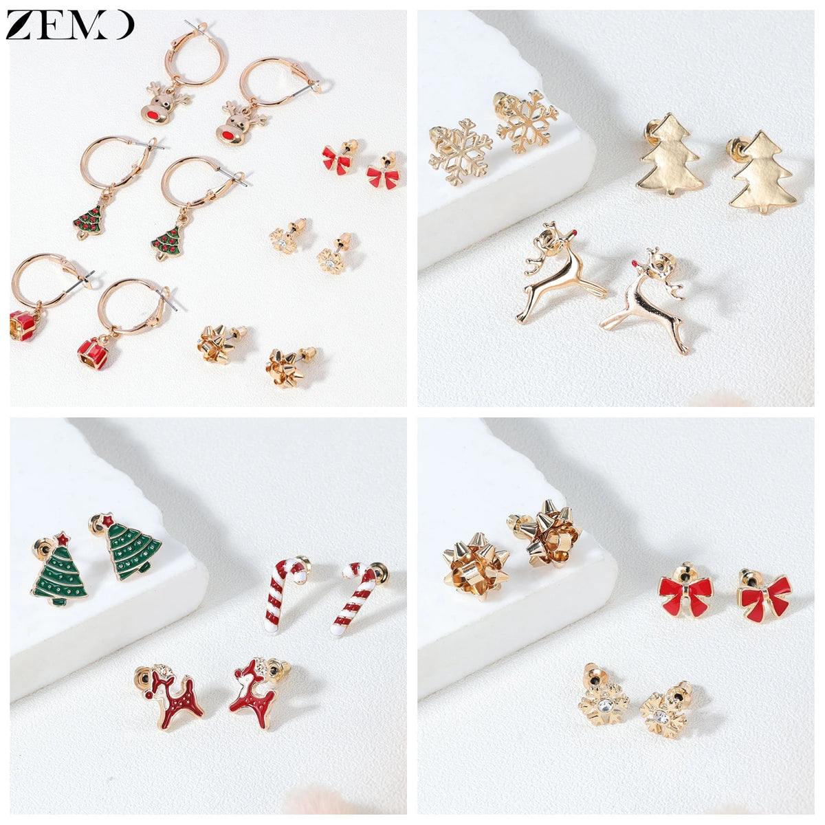 ZEMO 3-6pairs/lot Christmas Series Earring Set Women Men Cute Deer Stud Earrings Candy Cane Snowflake Ear Helix Tragus Piercings