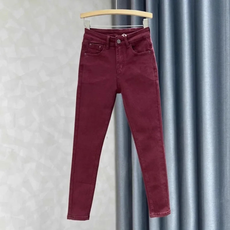 Women's High Waist Slim Fit Jeans – European Style Elastic Nine-Point Pants