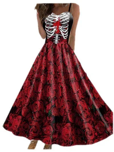 Halloween Skull Print Halter Dress | Gothic Party Dress for Women