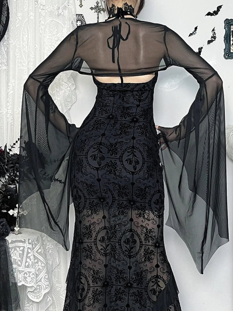 Women's Gothic Mesh Crop Blouse – Halloween Bat Sleeve See-Through Top