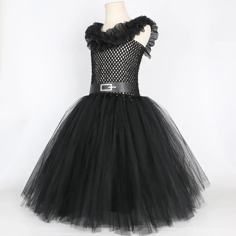 Girls Gothic Halloween Tutu Dress | Wednesday Black Lace Costume