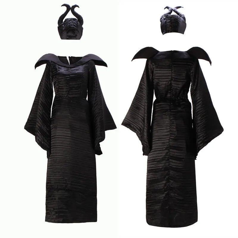 Maleficent Halloween Costume Dress | Witch & Demon Queen Outfit with Horns Hat
