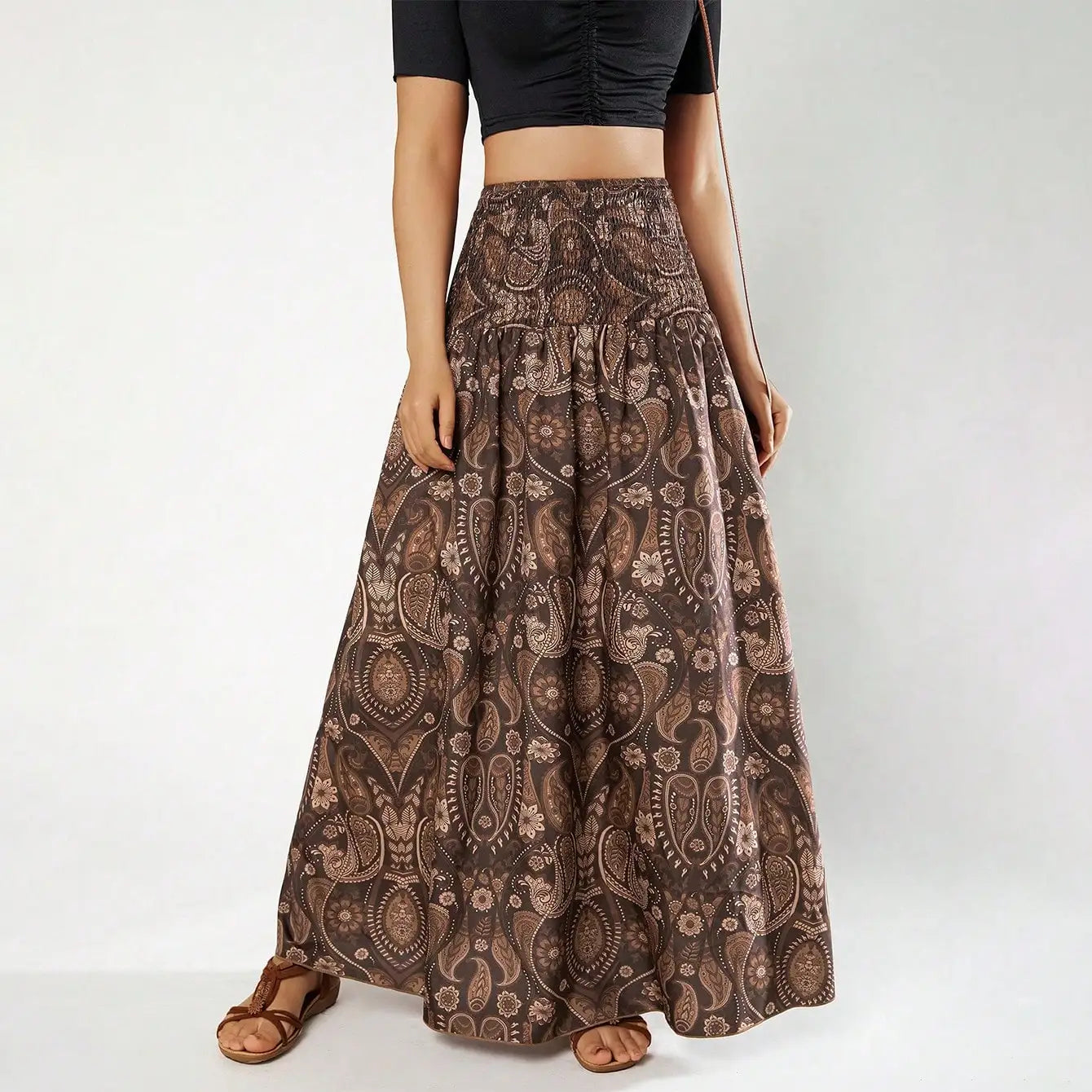 Paisley Smocked Maxi Skirt | Boho High Waist Flared Skirt for Women