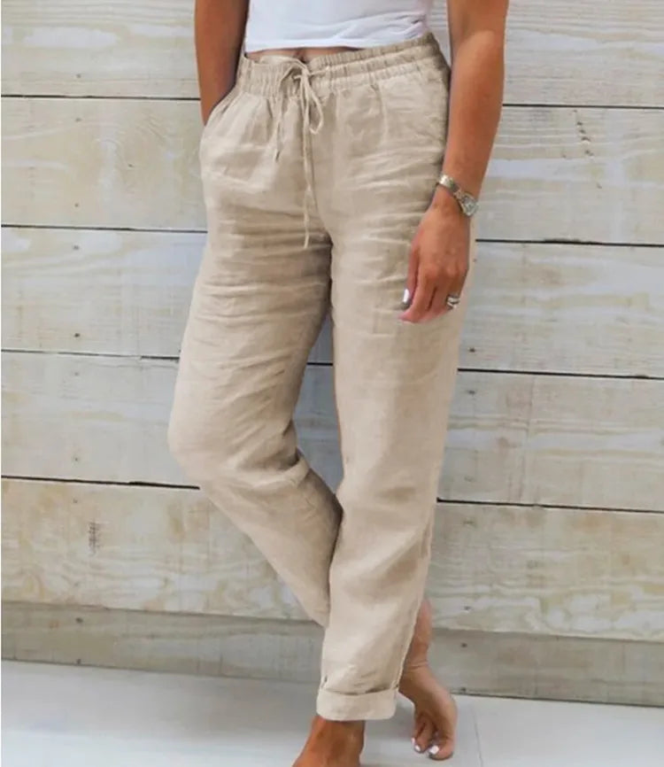 Women's Cotton Linen Casual Trousers – High Waist Elastic Waist Summer Pants