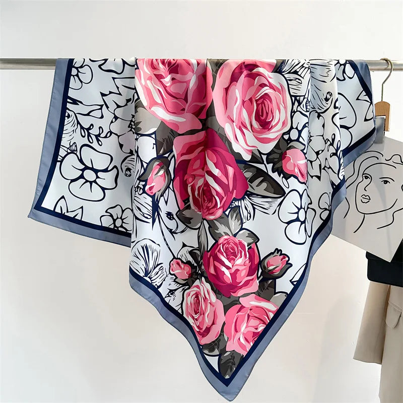 Women's Floral Silk Square Scarf – 90×90cm Headwrap & Hijab