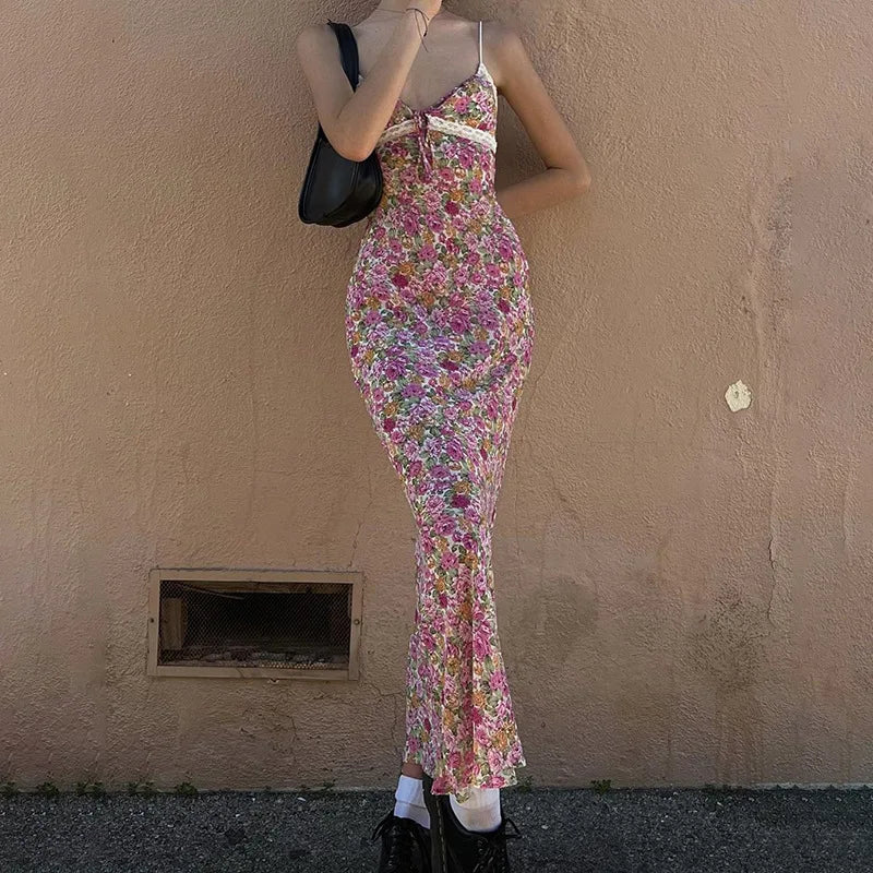 Women's Floral Print Lace Suspenders Dress – Summer Beach Outfit