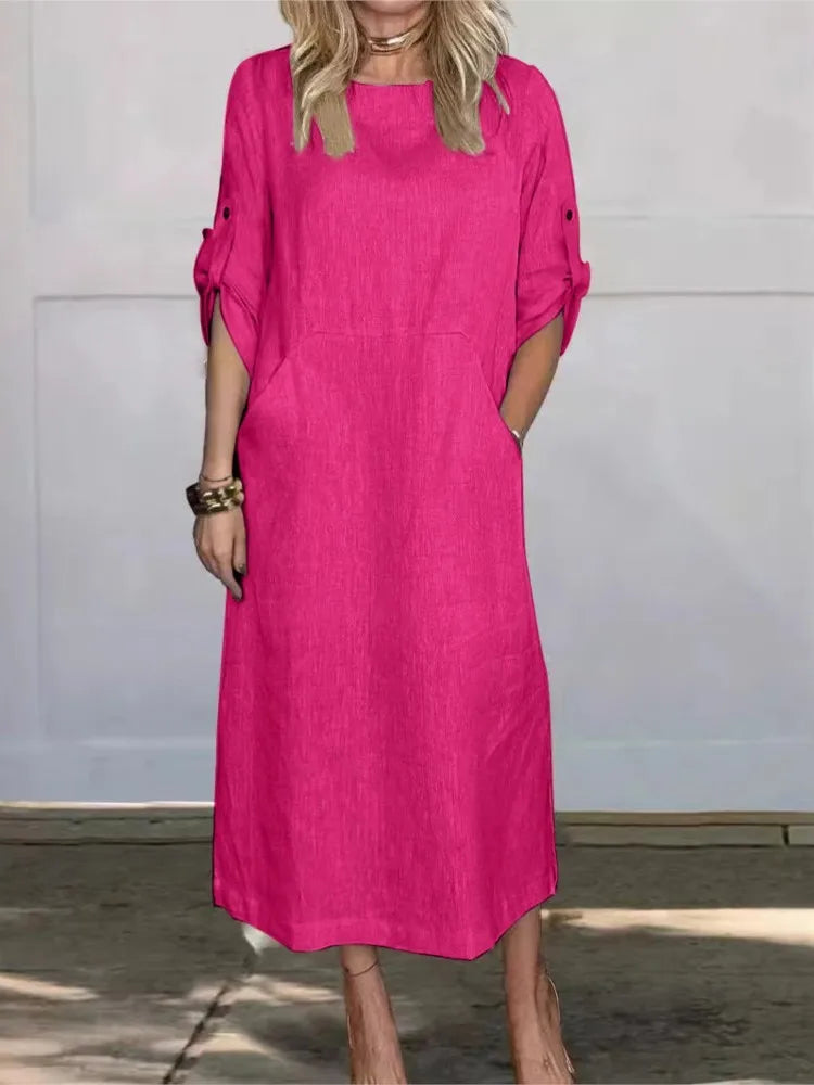 Cotton Linen Dress For Women 2026 Summer Loose Casual Solid Color Short-sleeved Pockets Long Dresses Elegant Women's Clothing