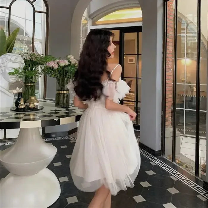 Women's White Dress Set – Slash Neck Gauze Midi Dress