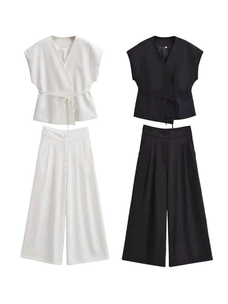 Women's Linen Co-ord Suit – V-Neck Sleeveless Vest Top & Wide Leg Trousers Set