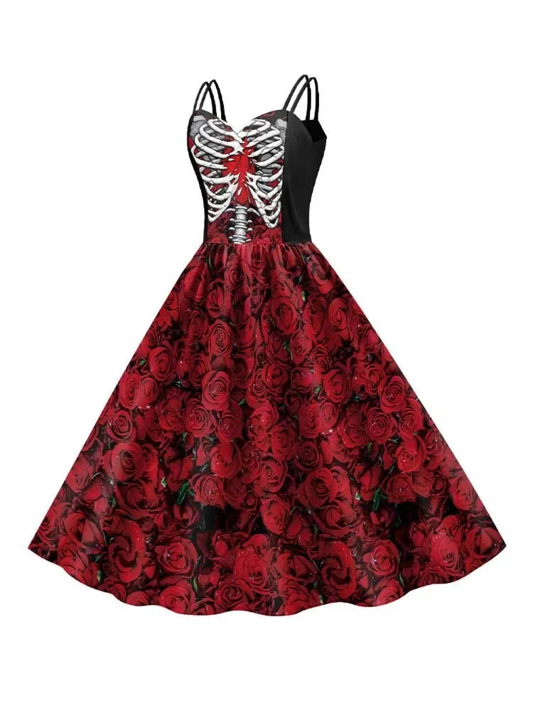 Halloween Skull Print Halter Dress | Gothic Party Dress for Women