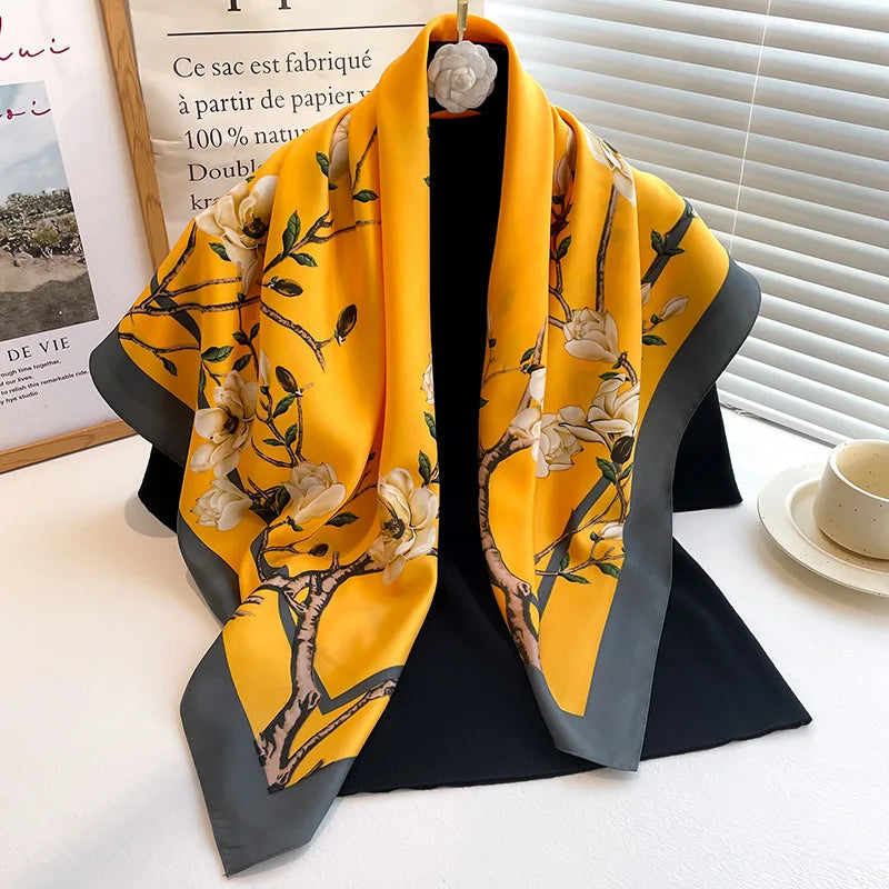 Women's Floral Silk Square Scarf – 90×90cm Headwrap & Hijab