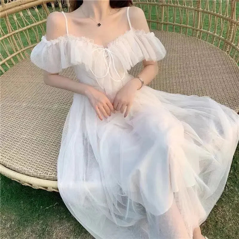 Women's white slash neck gauze midi dress – shorter style, side view