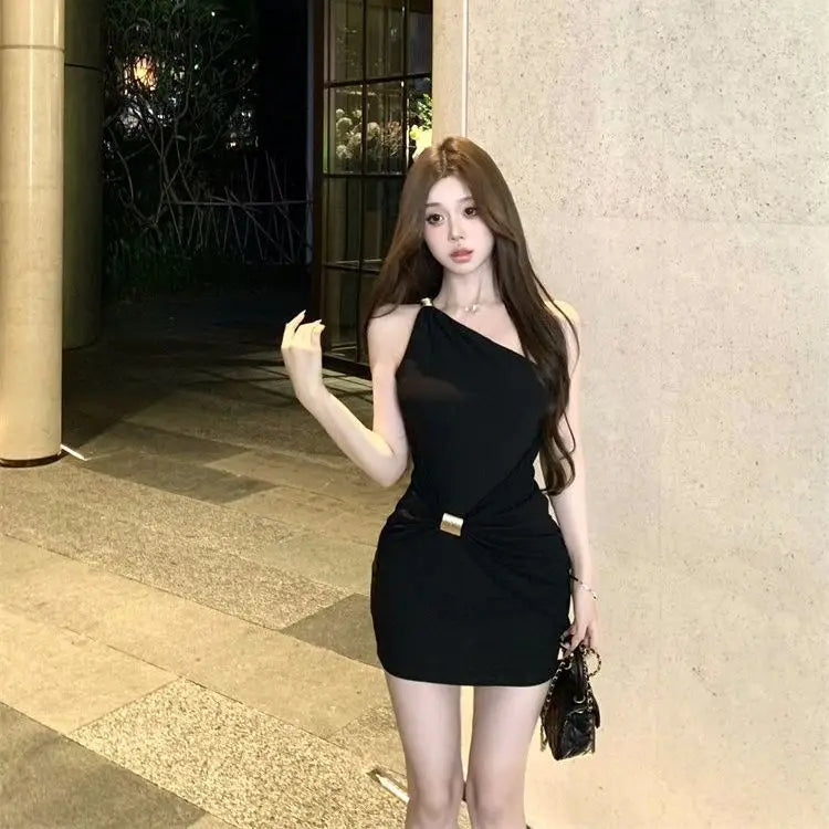 Women's side-shoulder sleeveless A-line mini dress in black – front view
