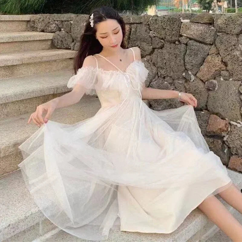 Women's White Dress Set – Slash Neck Gauze Midi Dress