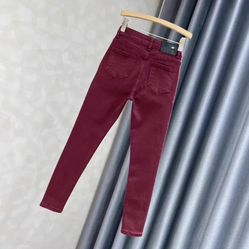 Women's High Waist Slim Fit Jeans – European Style Elastic Nine-Point Pants