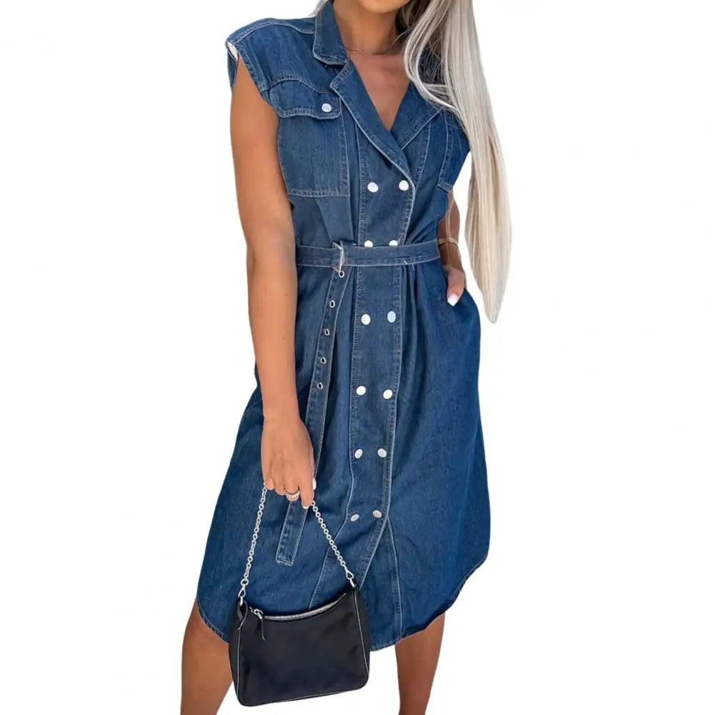 Cotton Blend Dress Denim Shirt Dress for Women A-line Tie Waist Jean Dress with Lapel Button Down Summer Office Party Outfit
