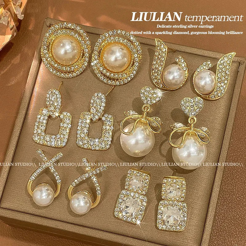 Luxury Pearl & Crystal Earrings Set for Women | 6 Pairs Gold Plated Rhinestone Dangle | Wedding Party Bridal Jewelry Gifts