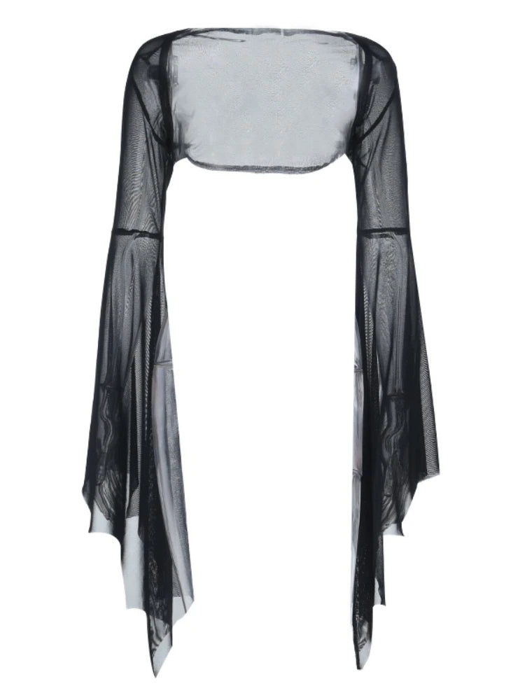 Women's Gothic Mesh Crop Blouse – Halloween Bat Sleeve See-Through Top