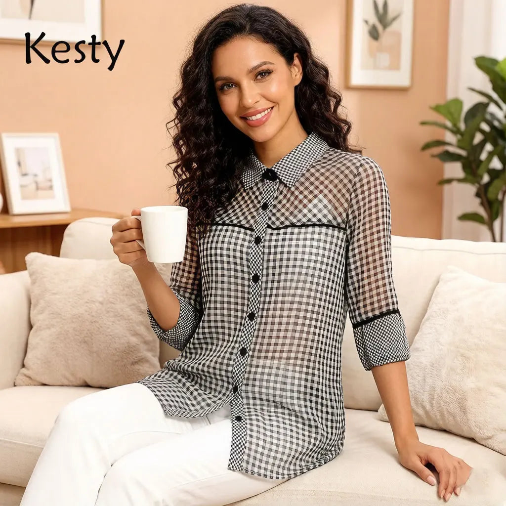 Women's Gingham Check Shirt – Black Plaid Button-Down Top