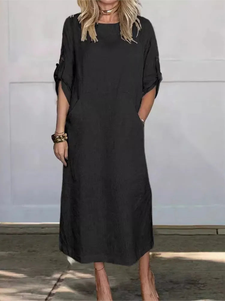 Cotton Linen Dress For Women 2026 Summer Loose Casual Solid Color Short-sleeved Pockets Long Dresses Elegant Women's Clothing