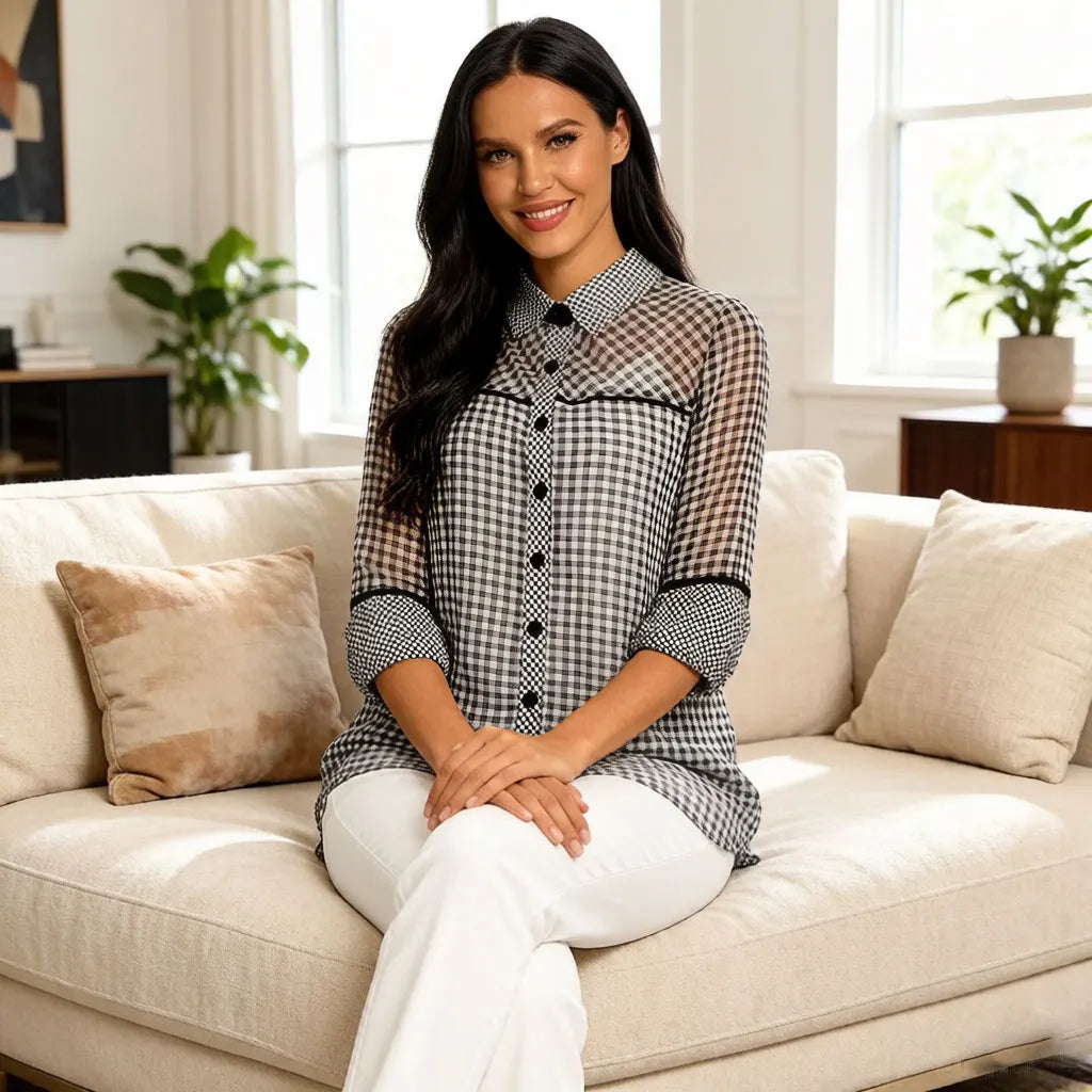 Women's casual gingham check longline shirt black plaid turn-down collar top