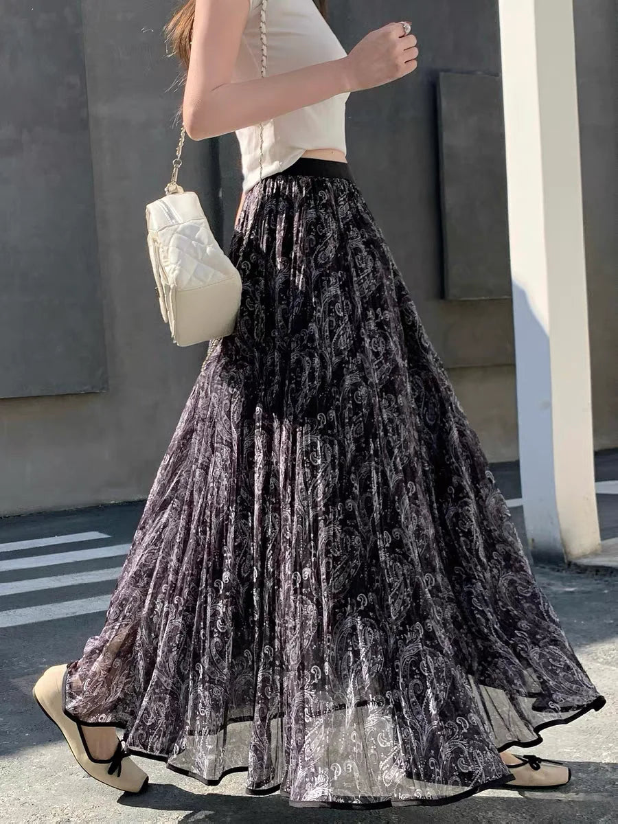 Floral Sheer Mesh Maxi Skirt | Boho A-Line Draped Skirt for Women