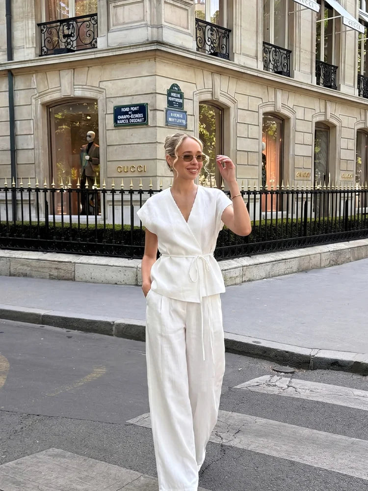 Women's Linen Co-ord Suit – V-Neck Sleeveless Vest Top & Wide Leg Trousers Set