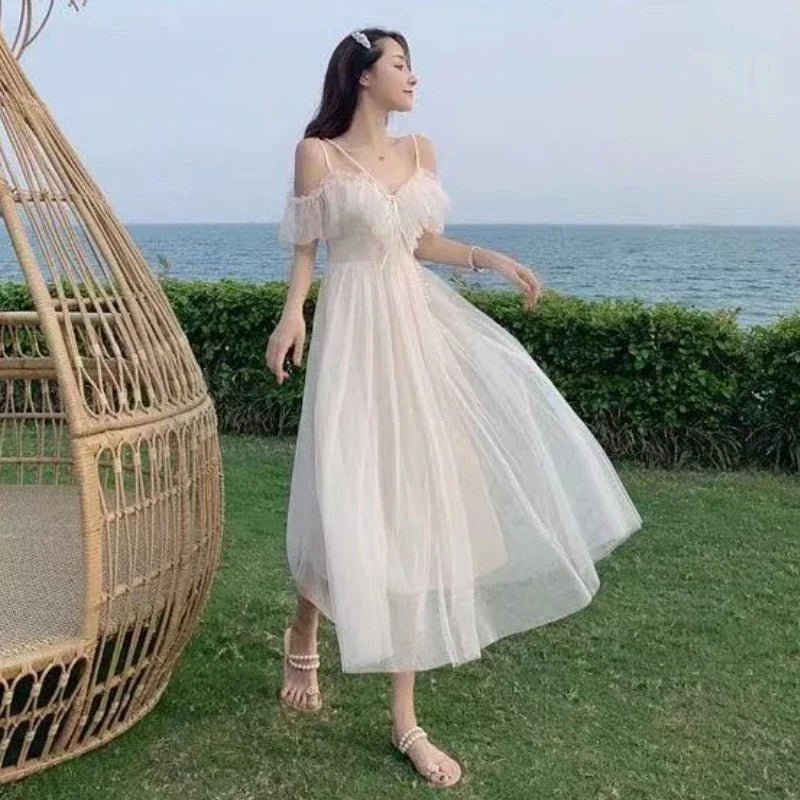 Women's White Dress Set – Slash Neck Gauze Midi Dress
