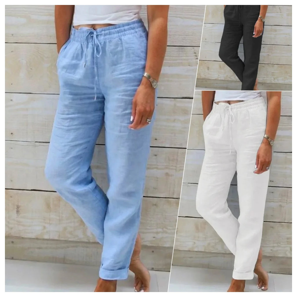 Women's Cotton Linen Casual Trousers – High Waist Elastic Waist Summer Pants