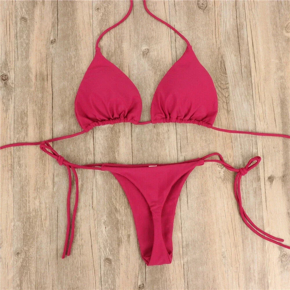 Pink Swimsuit Bikini Women Solid Color Sexy High Leg Thong Swimwear Bikinis Sets Female 2 Piece Bathing Suit Beachwear