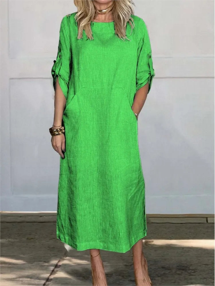 Cotton Linen Dress For Women 2026 Summer Loose Casual Solid Color Short-sleeved Pockets Long Dresses Elegant Women's Clothing