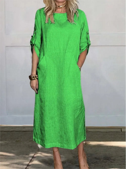 Cotton Linen Dress For Women 2026 Summer Loose Casual Solid Color Short-sleeved Pockets Long Dresses Elegant Women's Clothing