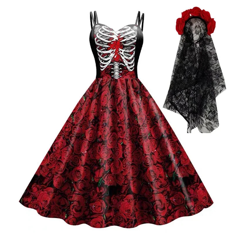 Halloween Skull Print Halter Dress | Gothic Party Dress for Women