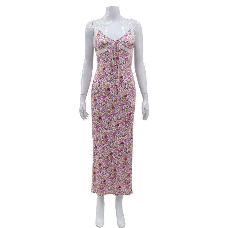 Women's Floral Print Lace Suspenders Dress – Summer Beach Outfit