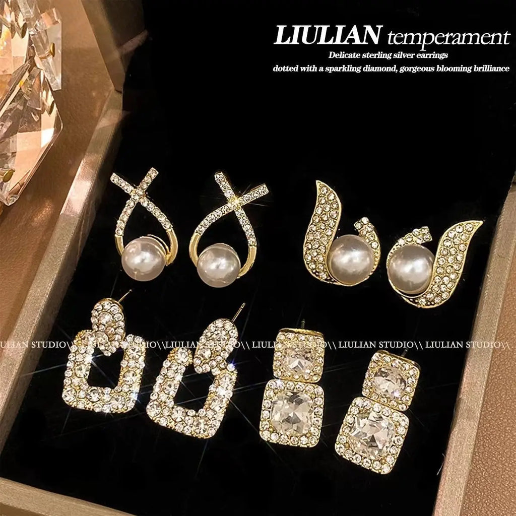 Luxury Pearl & Crystal Earrings Set for Women | 6 Pairs Gold Plated Rhinestone Dangle | Wedding Party Bridal Jewelry Gifts