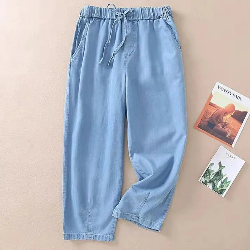 High waisted Jeans For women Summer 2026 New Elastic waisted Loose Washed harem Pants Female Thin Casual Denim Pants With pocket
