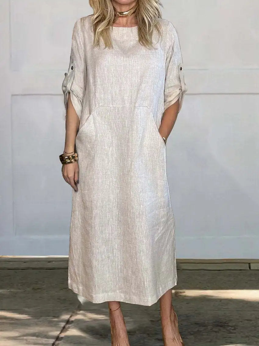Cotton Linen Dress For Women 2026 Summer Loose Casual Solid Color Short-sleeved Pockets Long Dresses Elegant Women's Clothing