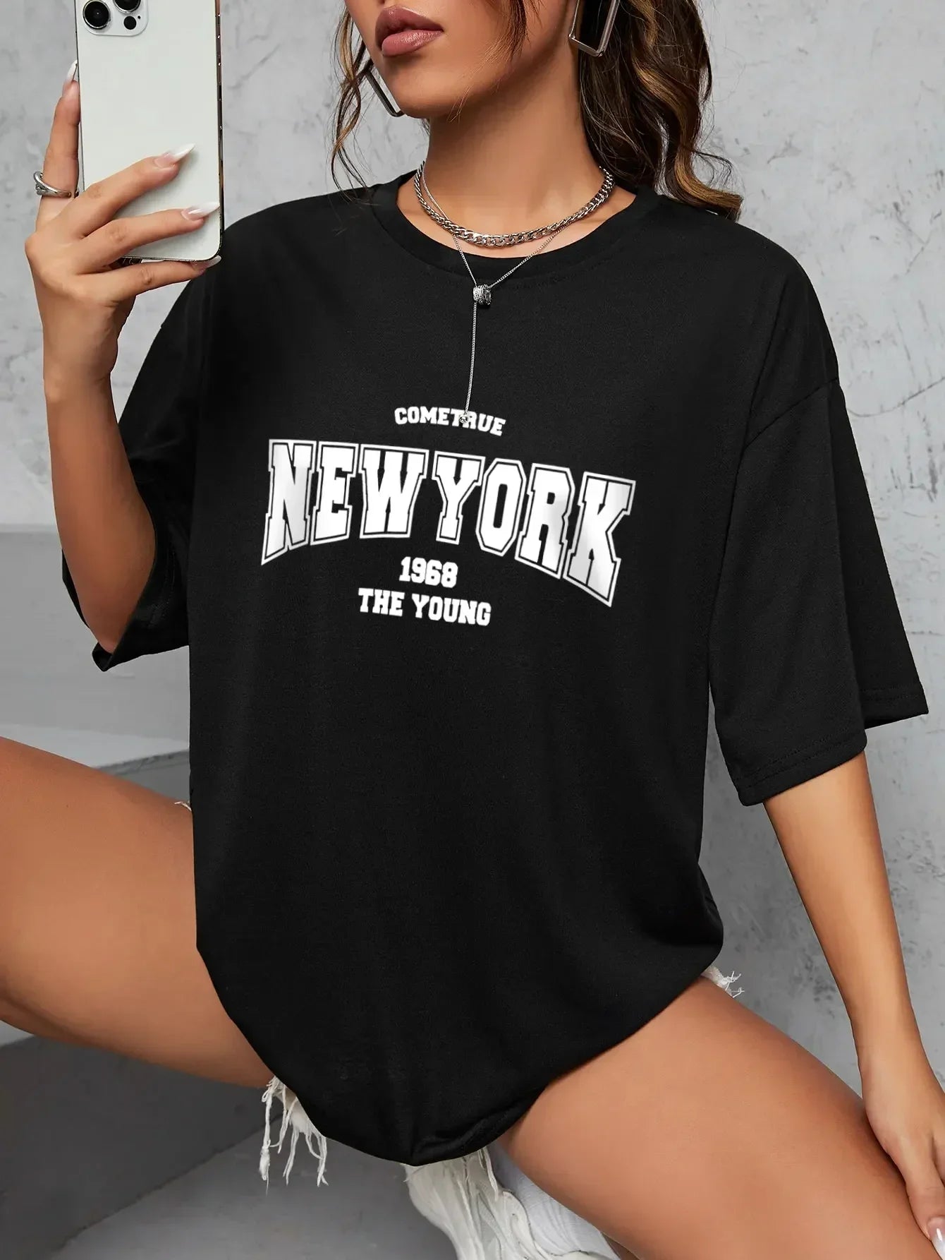 Women's oversized graphic letter print T-shirt black short sleeve casual tee