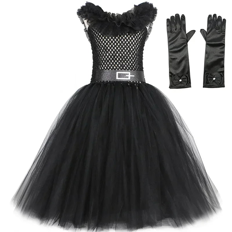 Girls Gothic Halloween Tutu Dress | Wednesday Black Lace Costume