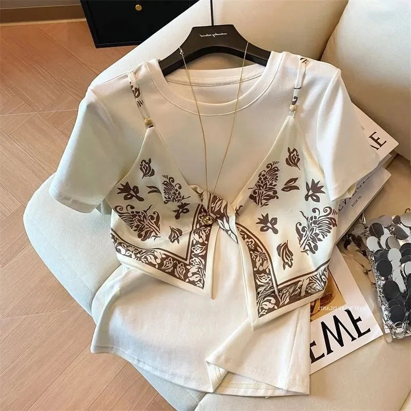 Women's Silk Scarf Splicing T-Shirt – Fake Two-Piece Summer Top