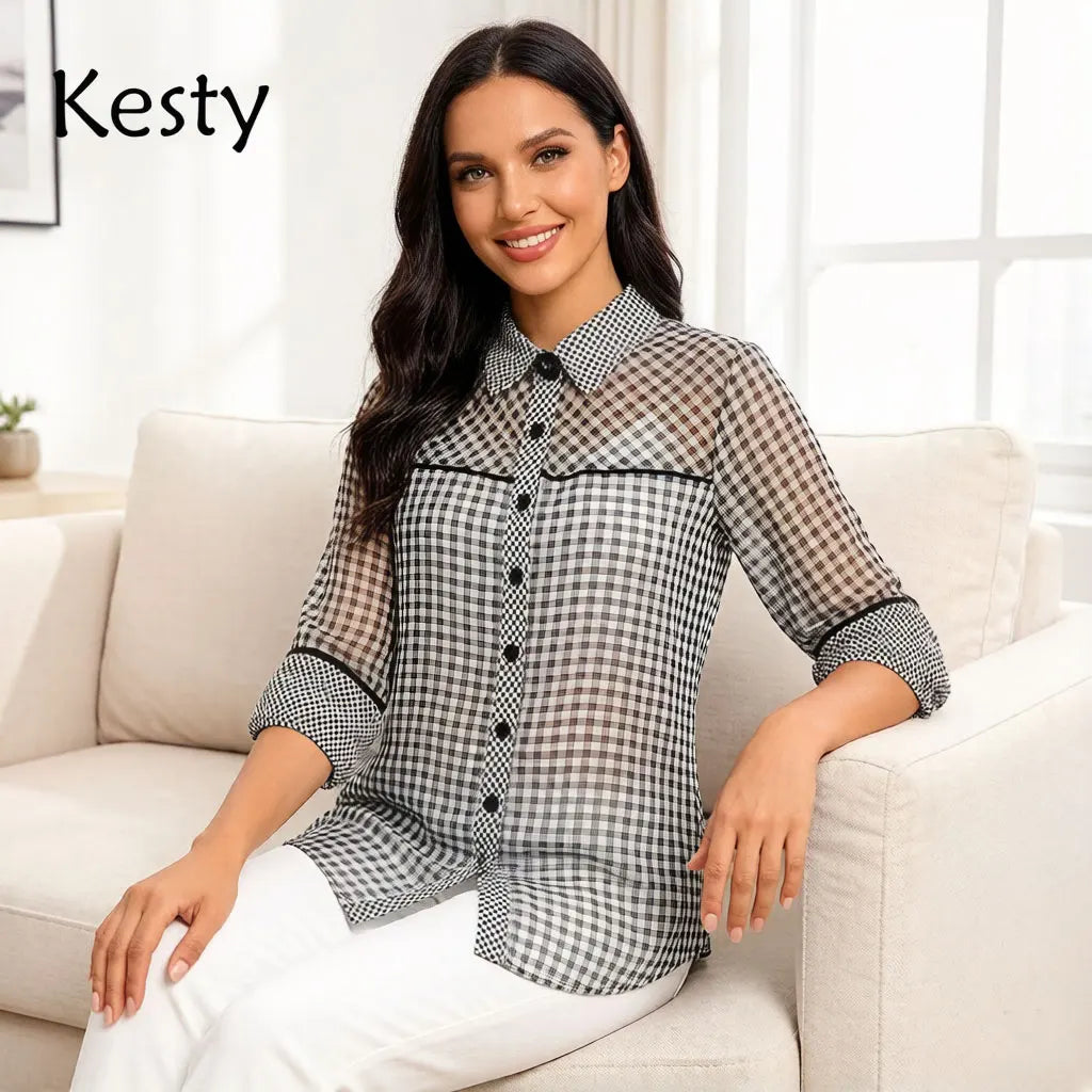 Women's black & white plaid shirt loose fit button-down spring autumn blouse
