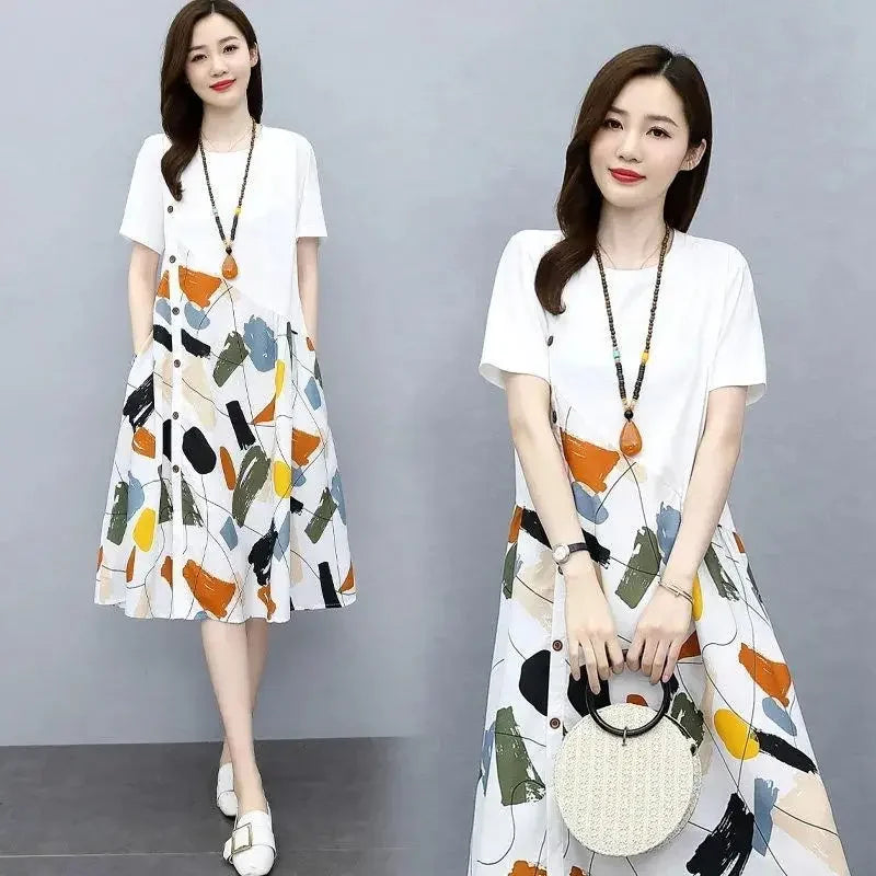 Silk Printing Black Woman Dress 2025 Midi Clothes White Dresses for Women Satin Chiffon Promotion New Features of Cotton Summer
